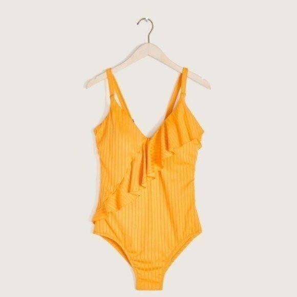 Everyday Sunday Women Yellow One-Piece Ruffle Ribbed Swimsuit Plus Size 3X - Picture 3 of 13